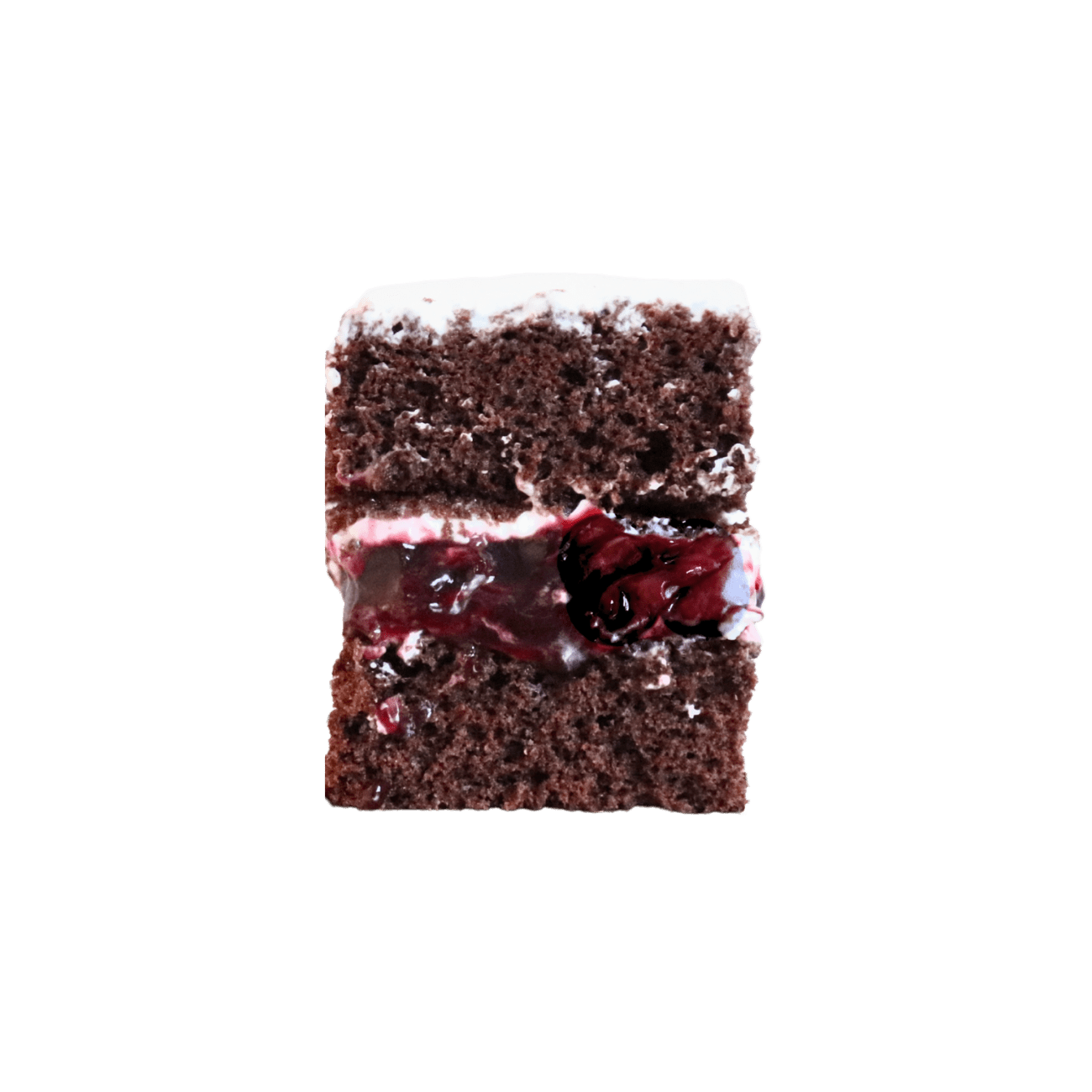 Traditional Black Forest cake with chocolate sponge, real cherries and fresh whipped cream.